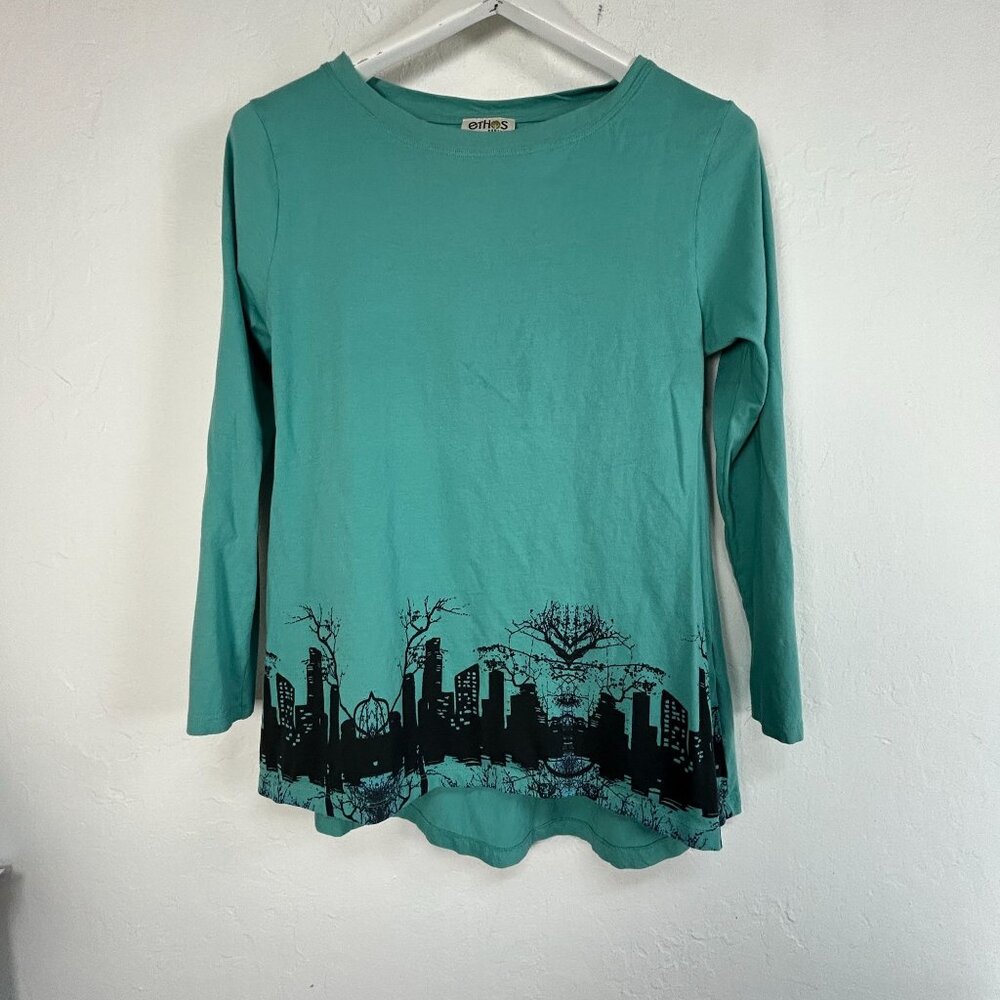 Ethos Paris Teal Organic Cotton Long Sleeve Shirt Top Small Urban Skyline Design